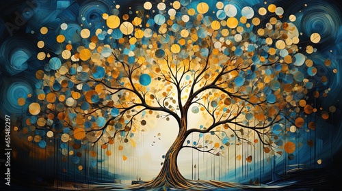 Fototapeta Naklejka Na Ścianę i Meble -  Oil painting Abstract Yellow Tree, blue background. Hand Painted Impressionist. 
