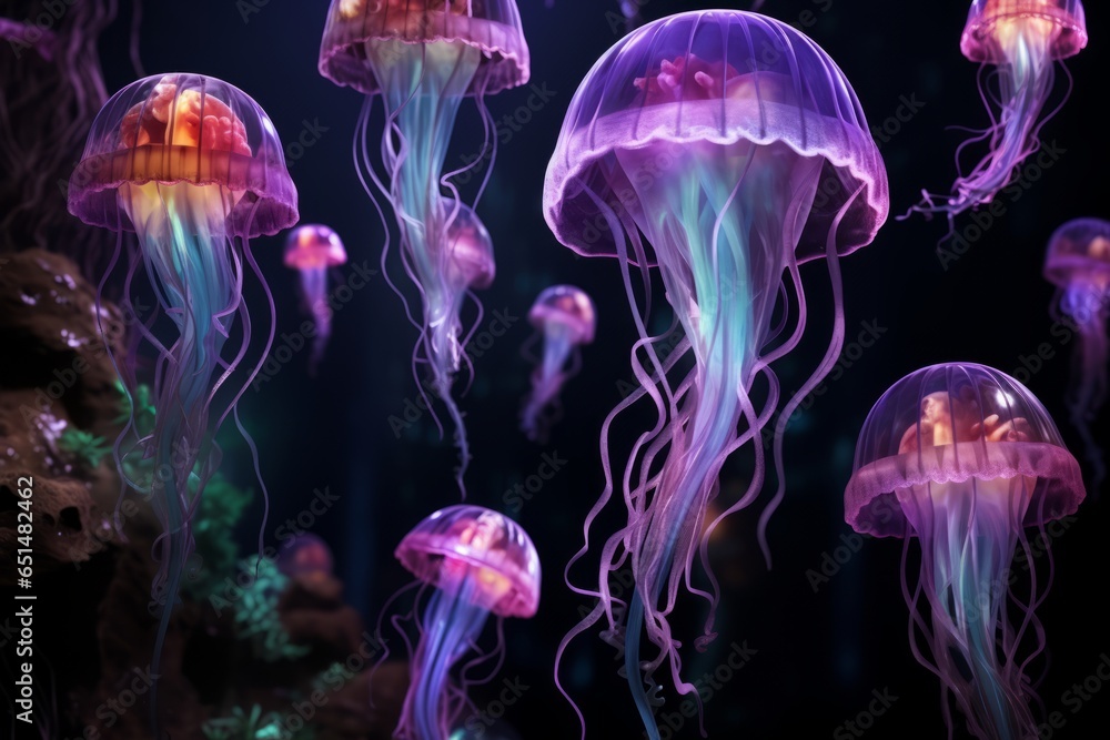 big and small jellyfish with glowing colors in the style of dark fantasy creatures big and small jellyfish with glowing colors in the style of dark fantasy creatures