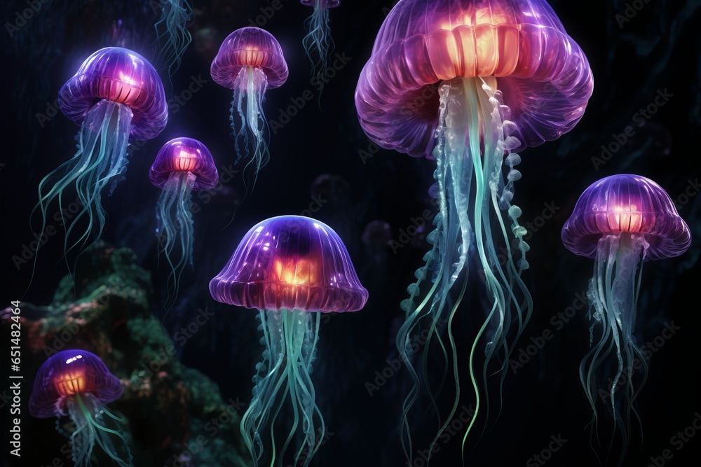 big and small jellyfish with glowing colors in the style of dark fantasy creatures big and small jellyfish with glowing colors in the style of dark fantasy creatures