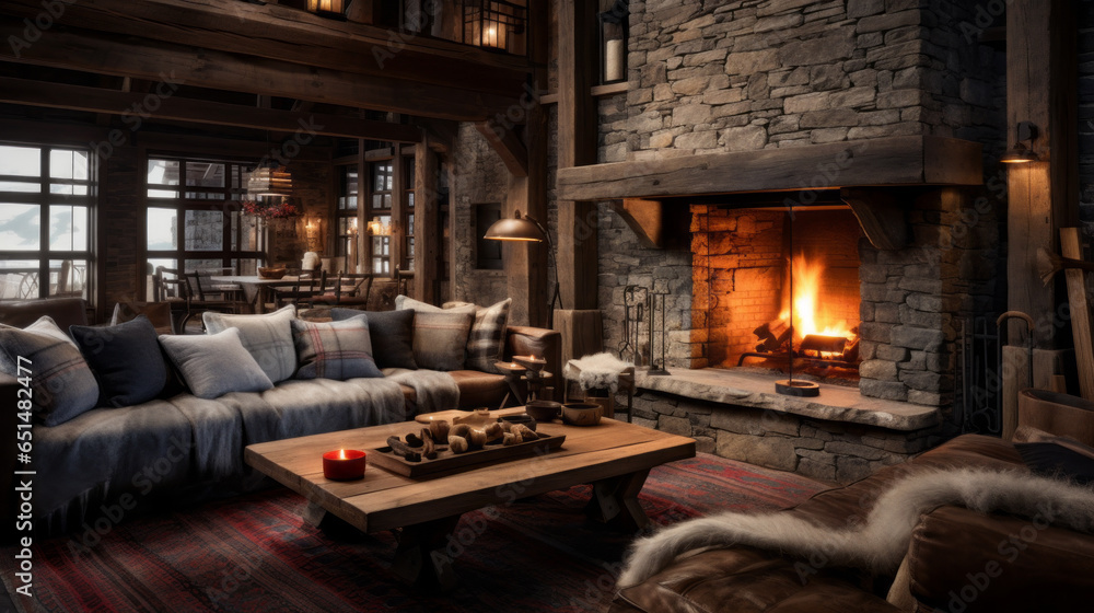 Rustic Ski Lodge Lounge Reminiscent of a rustic ski lodge with wooden beams, stone fireplace, and cozy furnishings, including plaid upholstery