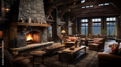Rustic Mountain Lodge Lounge Inspired by mountain lodges, featuring exposed stone, timber beams, and a massive fireplace  photo