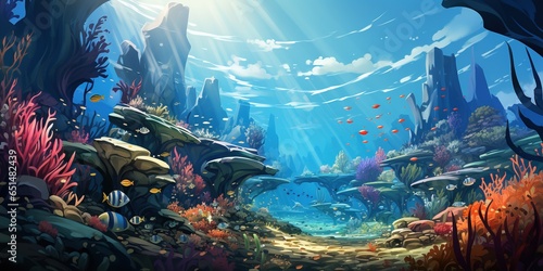 underwater landscape. Blue whale, fish schools and marine animals among the seaweed. background for game or wallpaper with turtle, stingray, puffer fish and squid on the seabed with ruins