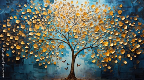 Multicolor abstract autumn tree painting . Colorful leaves forming a Tree of Life. Dark gold and aquamarine, eco, earthy color palettes, textured illustration 