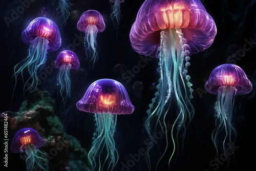 big and small jellyfish with glowing colors in the style of dark fantasy creatures © OLKS_AI