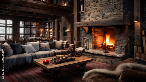 Rustic Ski Lodge Lounge Reminiscent of a rustic ski lodge with wooden beams, stone fireplace, and cozy furnishings, including plaid upholstery