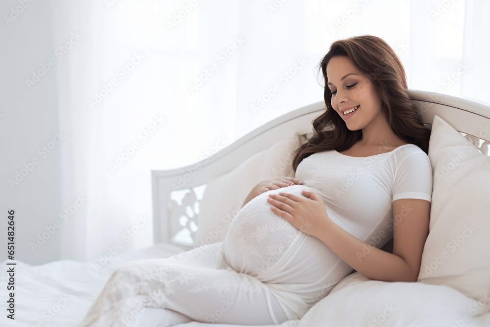 Beautiful pregnant woman posing while lying on a bed Beautiful pregnant woman posing while lying on a bed