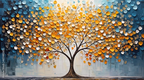 Colorful leaves forming a Tree of Life. Yellow Tree blue abstract background, Dark gold and aquamarine, eco, earthy color palettes, textured illustration.
