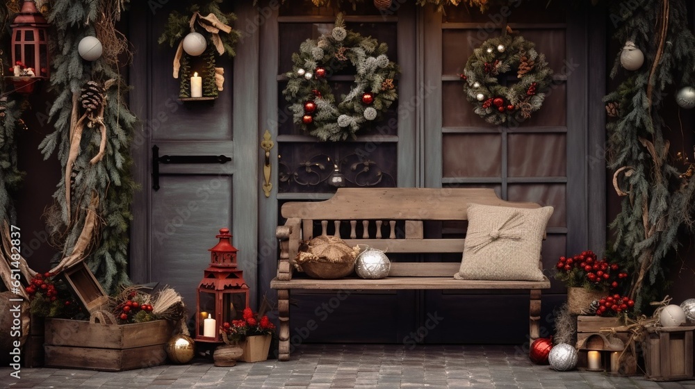 The wooden porch of the store decorated with Christmas decoration with a wreath on the door and dwarves on the bench. Copy space. High quality photo : Generative AI