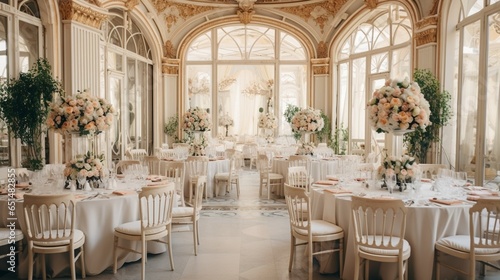 Decorated wedding banquet hall in classic style. Restaurant interior for banquet, wedding decor. : Generative AI © Generative AI