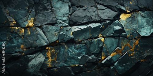 Green blue rock texture. Toned rough mountain surface texture. Crumbled. Close - up. Dark teal rocky background with space for design