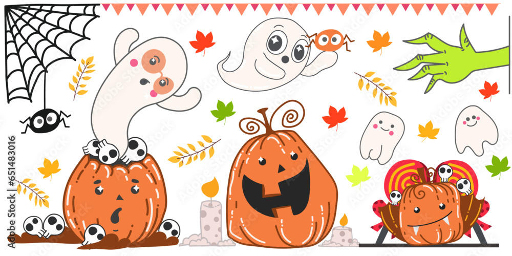 Fototapeta premium Happy Pumpkin and cute ghost Halloween theme cartoon cute scary vector isolated set 