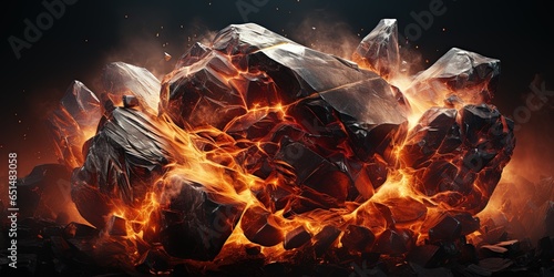 Burning stone on a black background, fire and stones