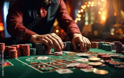 Poker player with playing cards and chips at a casino table in casino. Generative AI