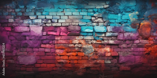 Magenta purple red brown green old brick wall. Toned colorful grunge background. Space. Design. Cracked, broken, crumbled. Color gradient © Svitlana