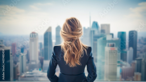 Business woman looking out over a cityscape with skyscrapers. Could be a financial district. Concept of women in business and finance, and success. Shallow field of view. © henjon