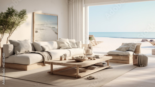 Scandinavian Beach House Lounge Embracing coastal living with a white sofa  light wood furniture  and beach-inspired decor  creating a relaxed seaside vibe