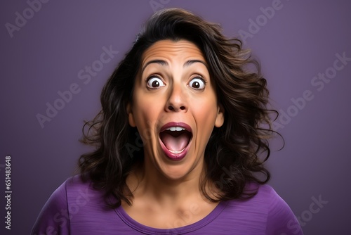 Brunette Woman with Astonished Expression on Purple Background