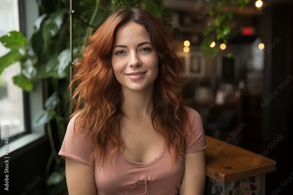Portrait of smiling mature woman looking at camera with big grin. Successful middle aged woman at home smiling. Beautiful mid adult lady with long red hair enjoying whitening teeth tre : Generative AI
