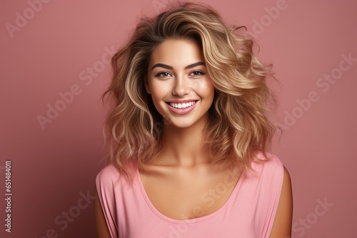Pretty smiling joyfully female with fair hair, dressed casually, looking with satisfaction at camera, being happy. Studio shot of good-looking beautiful woman isolated against blank st : Generative AI