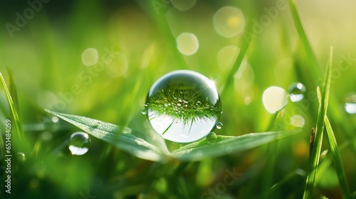 Beautiful large transparent drop of water dew on grass close up.Natural background. : Generative AI
