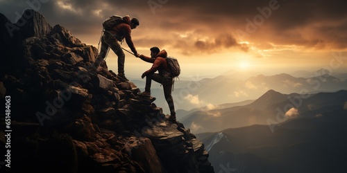 Teamwork concept with man helping friend reach the mountain top © Svitlana