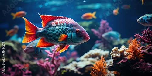 Tropical marine underwater fish on a coral reef. Aquarium wildlife colorful sea panorama landscape nature snorkeling diving