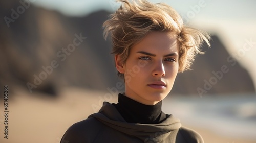 An androgynous woman with short hair on a sandy beach. High quality photo : Generative AI photo