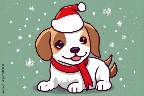 A puppy wearing Christmas hat winter background. Generative AI