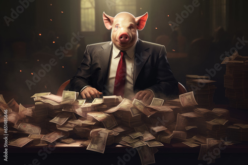 Fat pig like a corrupt official counts cash Fototapet