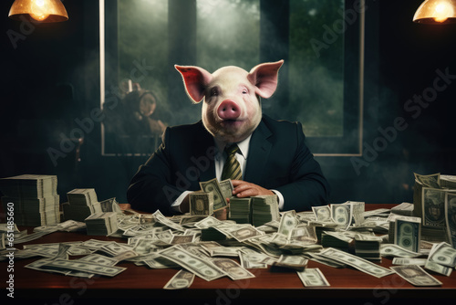 Greed pig like a corrupt official counts cash. Stacks of money on the table. Getting a bribe concept. Generative AI
