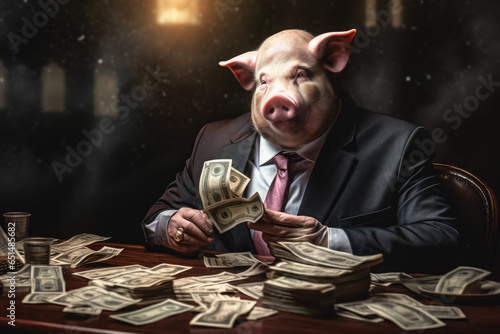 Fat pig like a corrupt official counts money. Stacks of cash on the table. Getting a bribe concept. Generative AI
