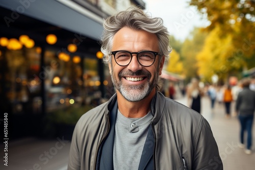 Portrait of happy mature man wearing spectacles and looking at camera outdoor. Man with beard and glasses feeling confident. Close up face of hispanic business man smiling.   Generative AI