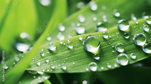 Beautiful large transparent drops of water dew on grass close up.Natural background. : Generative AI