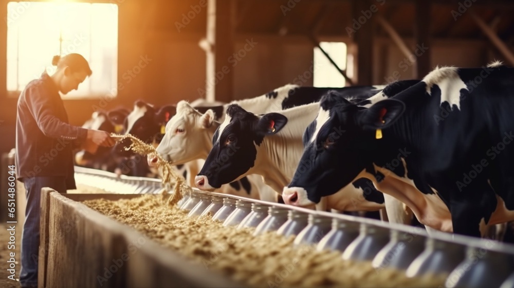 Healthy dairy cows feeding on fodder standing in row of stables in ...