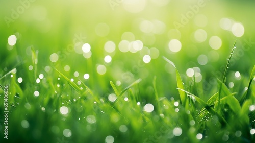 Fresh green grass with dew drops in sunshine on auttum and bokeh. Abstract blurry background. Nature background. Texture. copy space. : Generative AI photo