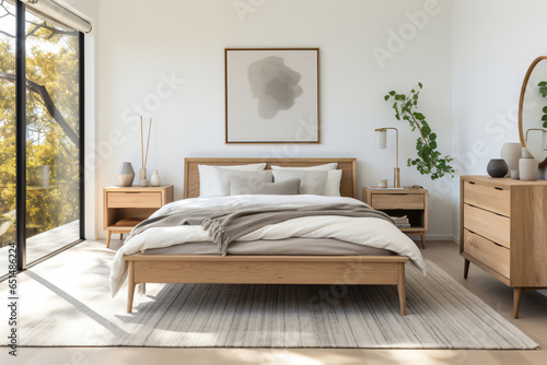 serenity of a Scandinavian-inspired bedroom adorned with light wood furniture  pristine white walls  and a snug bed dressed in soothing neutral bedding. The space is tastefully adorned with minimalist