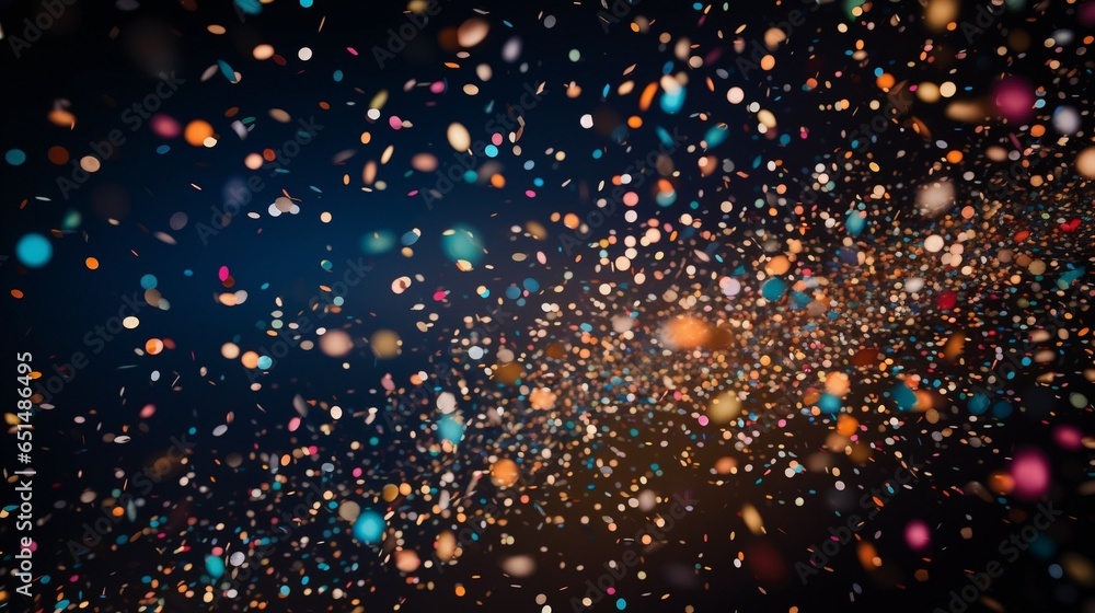 Thousands of confetti fired on air during a festival at night. Image ideal for backgrounds. Multicolor are the confetti in the picture. The sky as background is black. Cold tonality : Generative AI - obrazy, fototapety, plakaty 