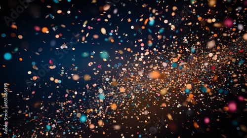 Thousands of confetti fired on air during a festival at night. Image ideal for backgrounds. Multicolor are the confetti in the picture. The sky as background is black. Cold tonality : Generative AI