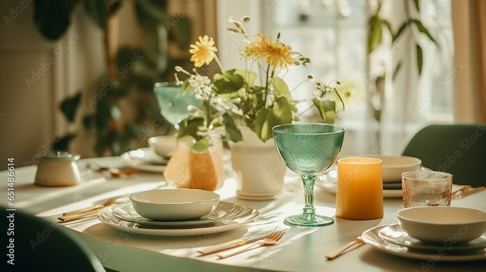 Served table with tablecloth and dishware placed near glasses for banquet in light room decorated by green potted plant : Generative AI Served table with tablecloth and dishware placed near glasses for banquet in light room decorated by green potted plant : Generative AI
