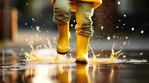 Feet of child in yellow rubber boots jumping over a puddle in the rain : Generative AI