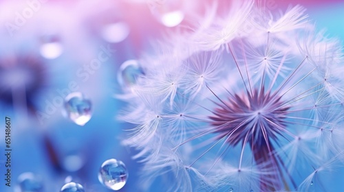 Beautiful dew drops on a dandelion seed macro. Beautiful soft light blue and violet background. Water drops on a parachutes dandelion on a beautiful blue. Soft dreamy tender artistic i : Generative AI