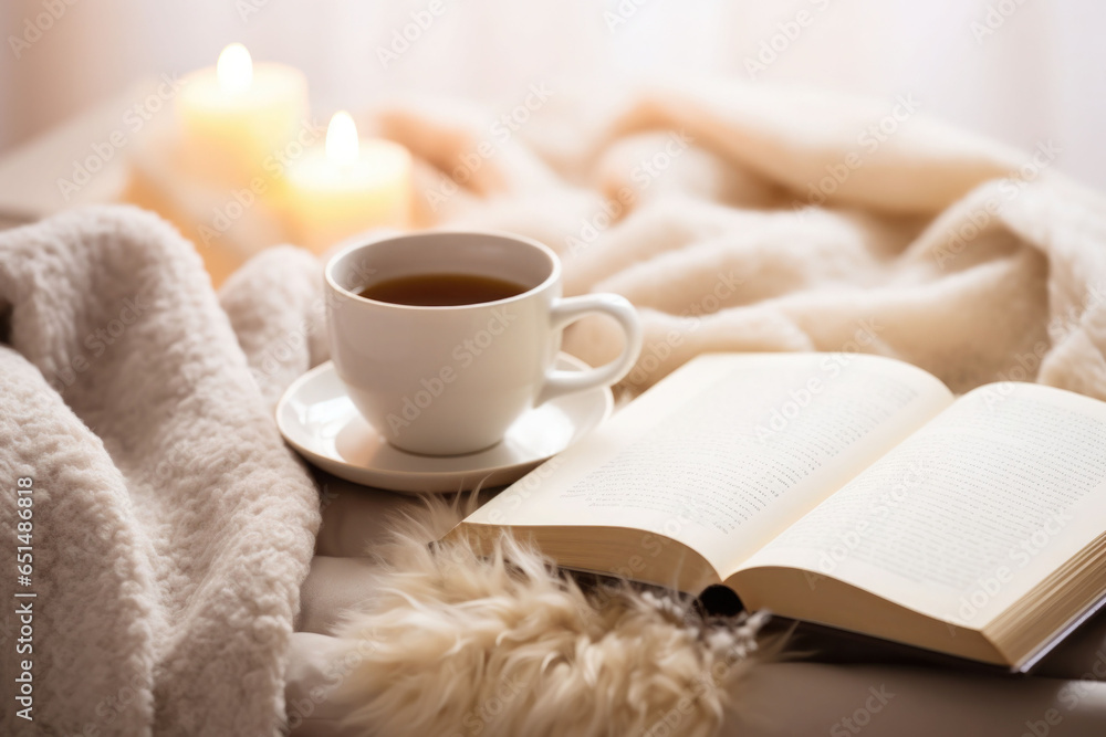 Hot cup of coffee and open book surrounded by a fluffy blanket on bed on a cold winter day. Relaxation and hygge concept. Generative AI Hot cup of coffee and open book surrounded by a fluffy blanket on bed on a cold winter day. Relaxation and hygge concept. Generative AI