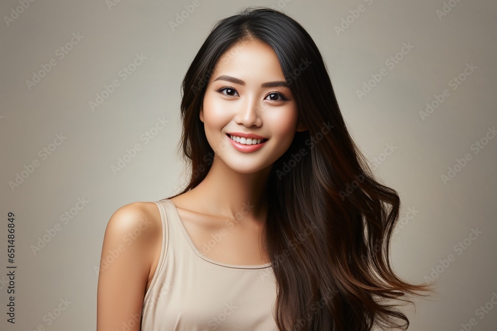 Close-up portrait of yong woman casual portrait in positive view, big smile, beautiful model posing in studio over white background. Caucasian Asian portrait woman. : Generative AI Close-up portrait of yong woman casual portrait in positive view, big smile, beautiful model posing in studio over white background. Caucasian Asian portrait woman. : Generative AI