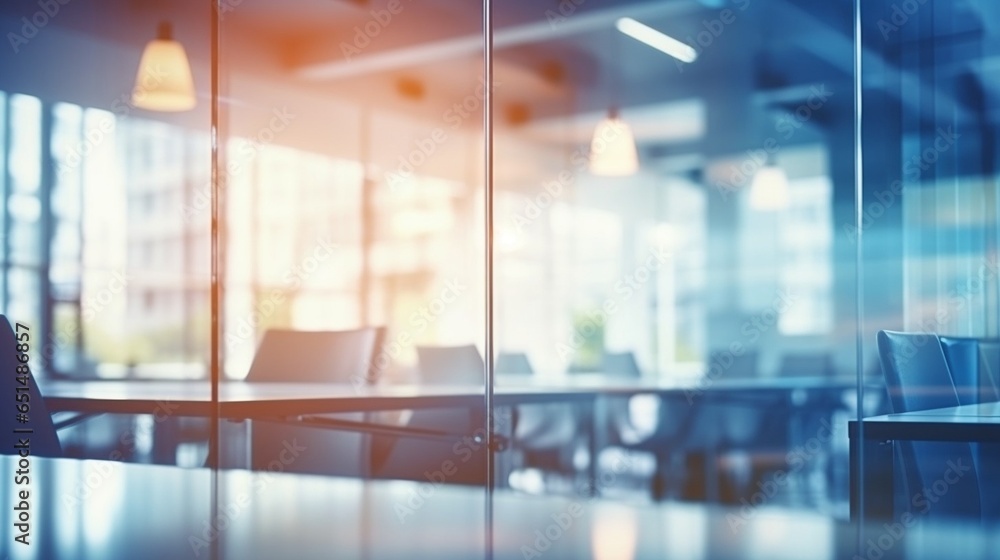 Blurred empty open space office. Abstract light bokeh at office interior background for design. : Generative AI Blurred empty open space office. Abstract light bokeh at office interior background for design. : Generative AI