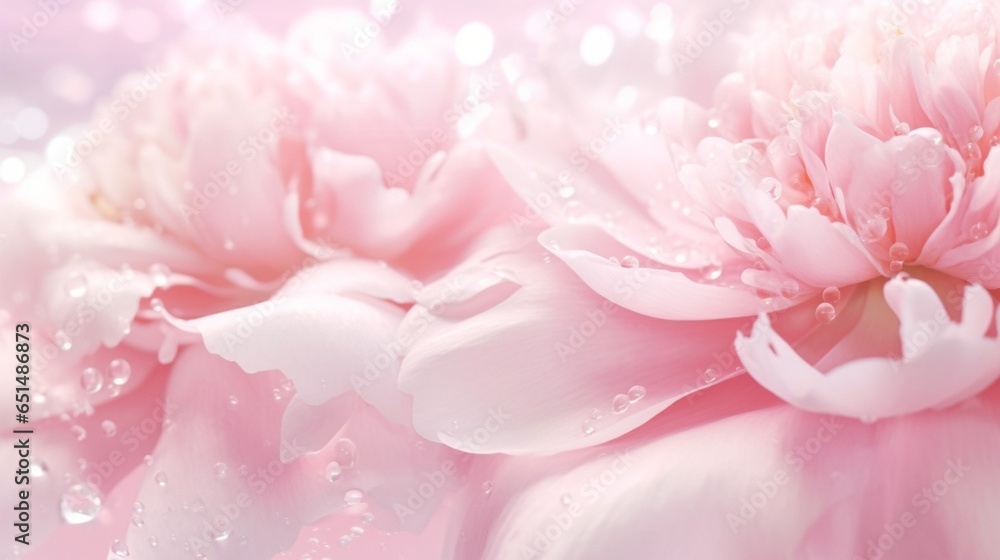 Light gentle pink background from peony petals. Peony flower in dew drops close up. Peony in drops of water, close-up. Background with flowers. : Generative AI