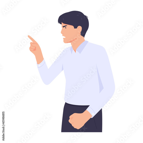 Angry man or boss, scolding in anger and pointing out. Discussion between boss and employee. Hand drawn vector character illustration. Isolated on white background.