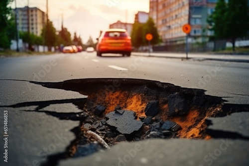 Dangerous hole in the asphalt highway. Road with cracks. Damaged asphalt, road collapse. Generative AI