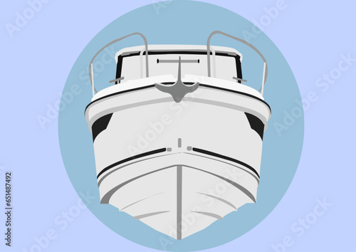 Vector illustration of front view of cabin cruiser in round icon with blue color background.
