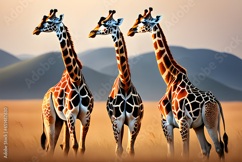 Three giraffes grazing in the African grasslands. Generative AI 