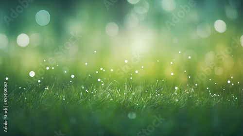 Abstract background green grass field with lights blossoms